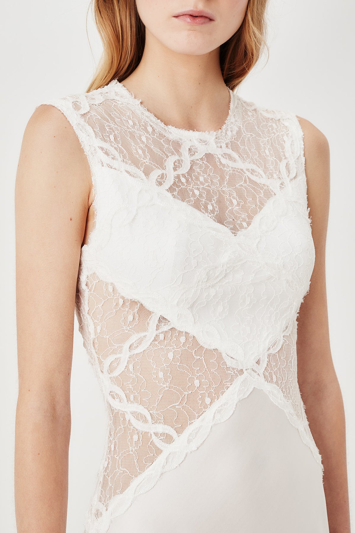 White Satin Lace Cutout Sleeveless Maxi Dress