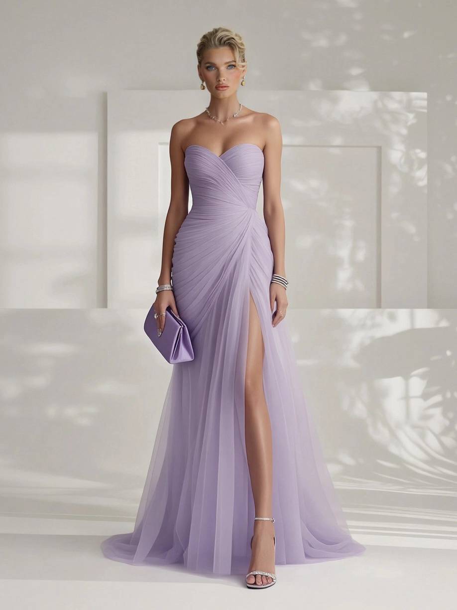Elegant Strapless Pleated Tulle Maxi Dress