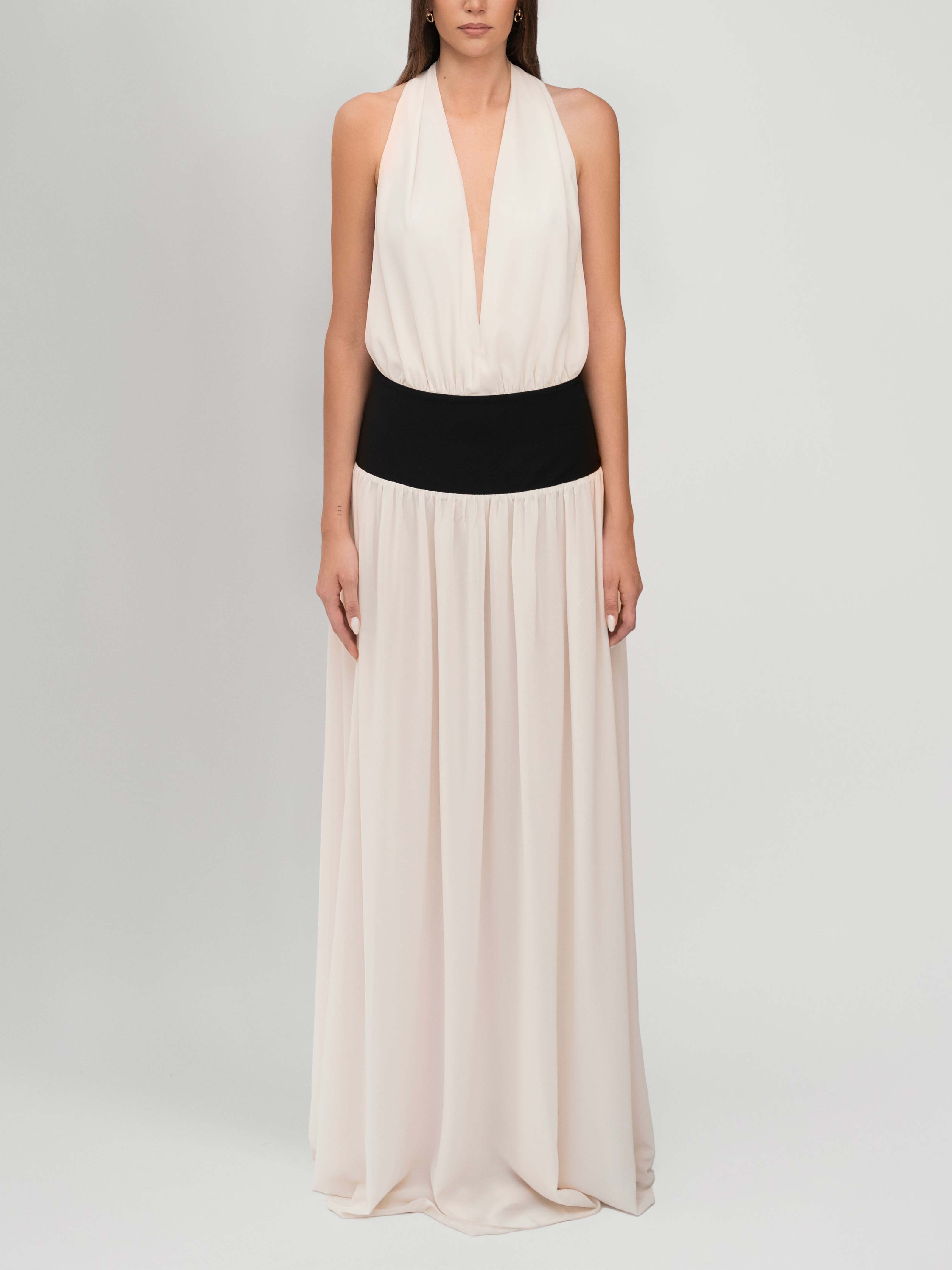 Elegant Halterneck Contrasting Swing Maxi Dress