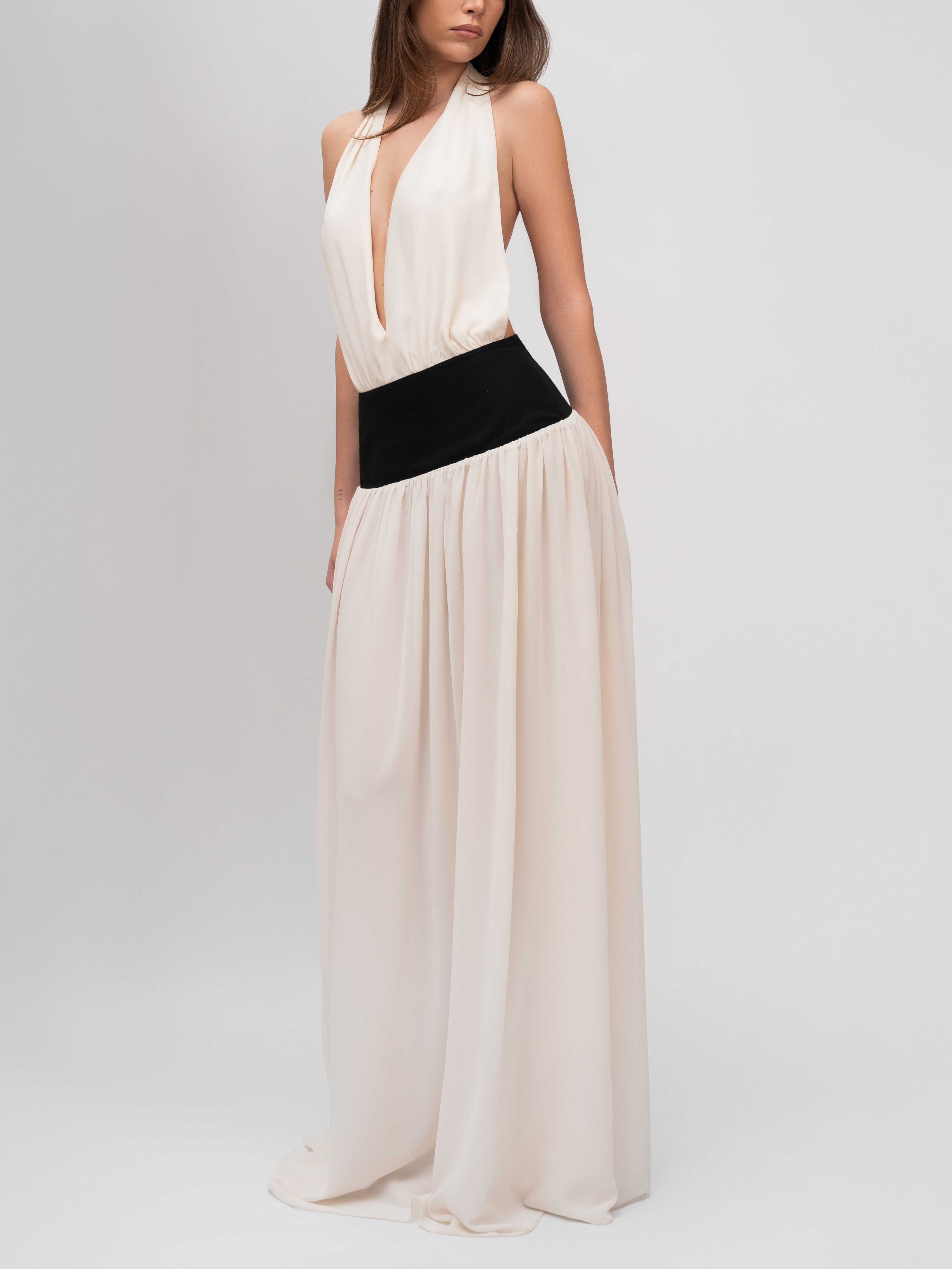 Elegant Halterneck Contrasting Swing Maxi Dress