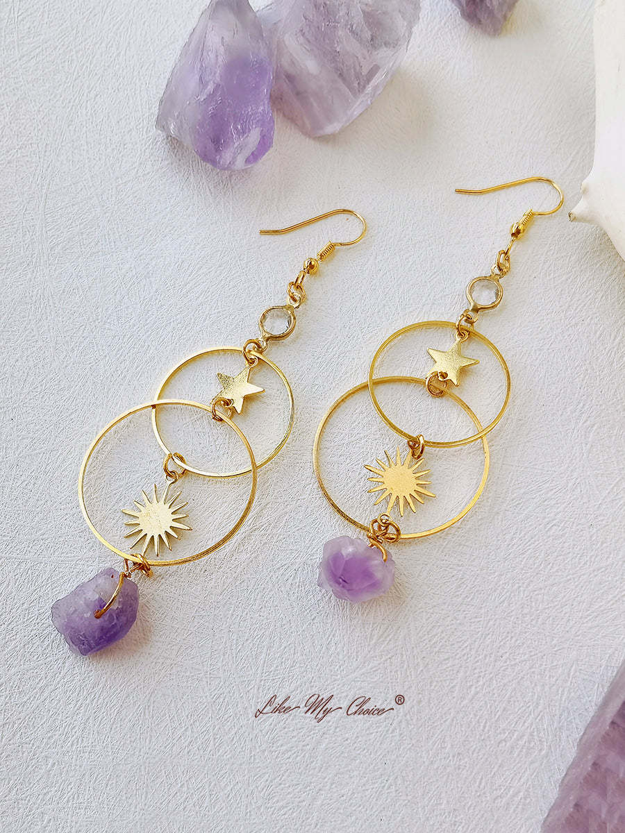 Boho Star & Sun Natural Amethyst Earrings