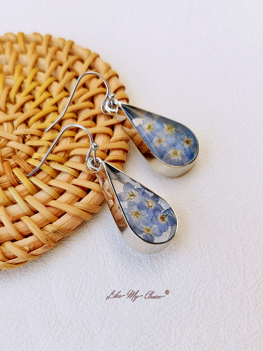 Pendientes de Flores Presionadas - Flor No Me Olvides en Forma de Gota de Agua