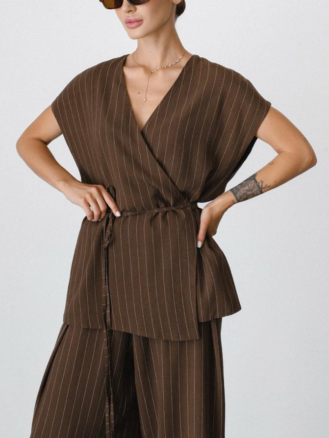 Elegant Pinstripe Wrap Belted Blouse