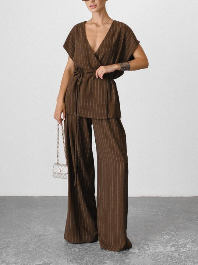 Elegant Pinstripe Wrap Belted Blouse