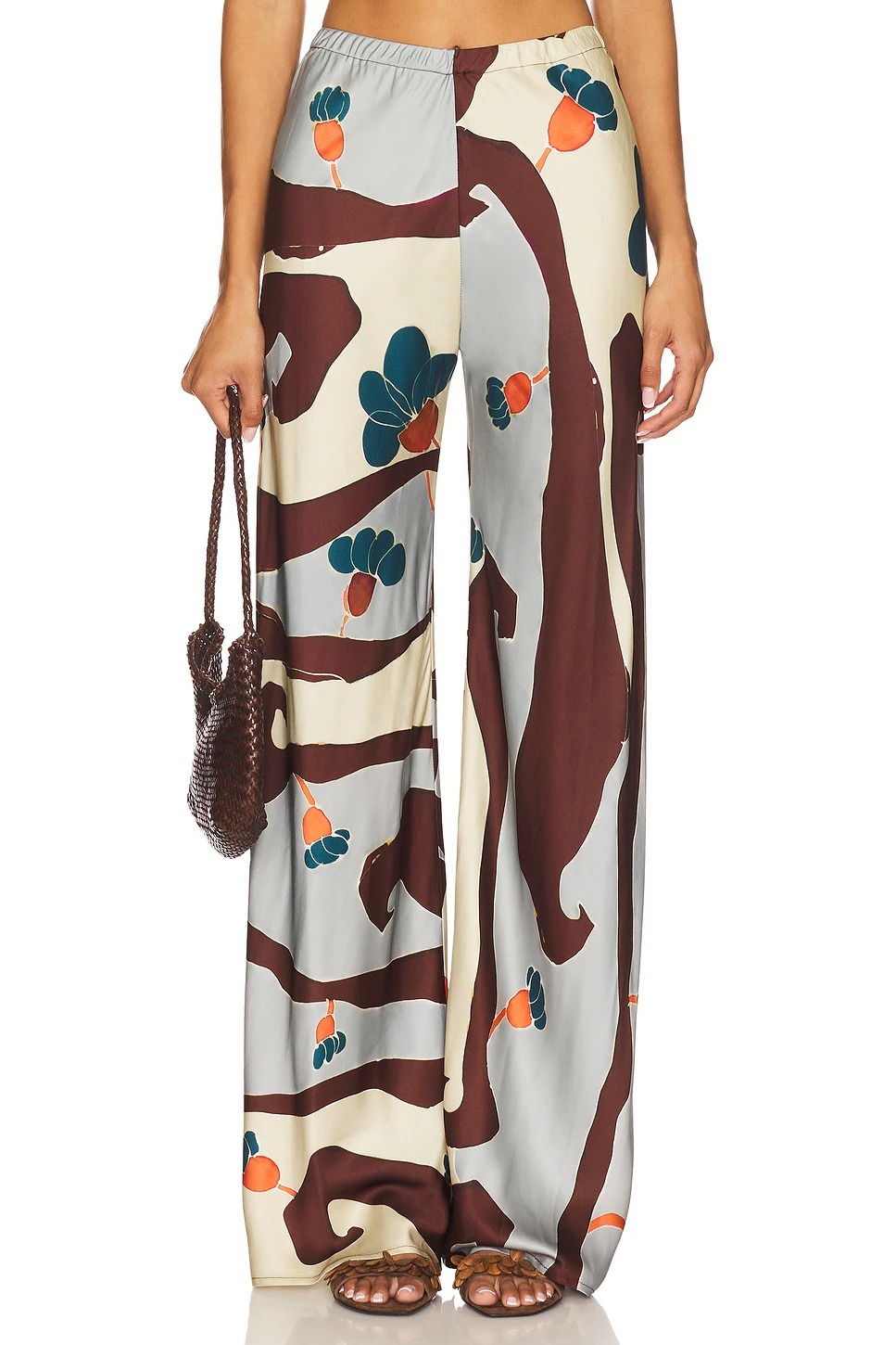 Unique Satin Abstract Floral Print Wide-Leg Pants