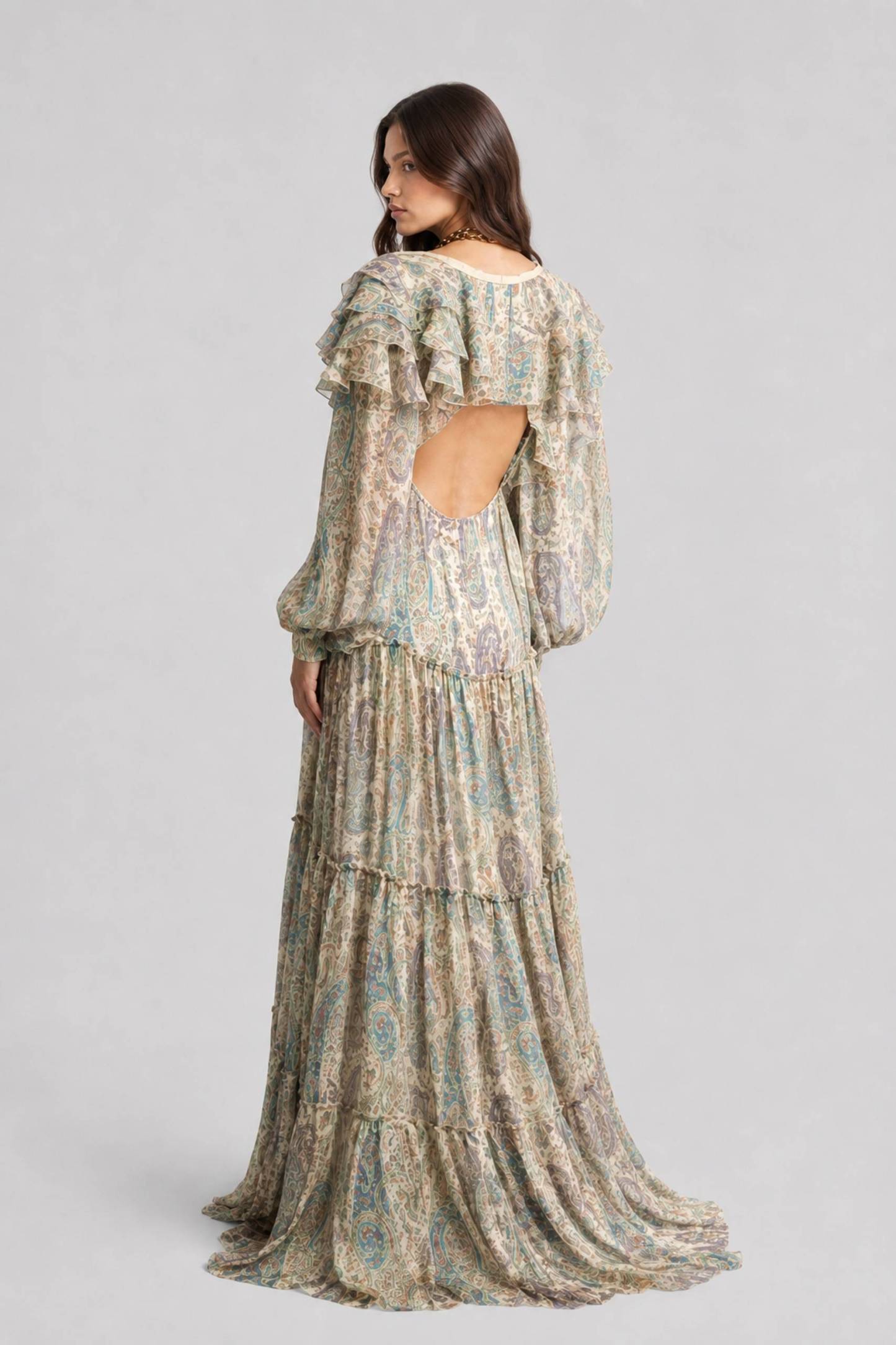 Light Color Cashew Flower V-Neck Ruffled Layered Long-Sleeved Long Dress