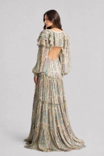 Light Color Cashew Flower V-Neck Ruffled Layered Long-Sleeved Long Dress