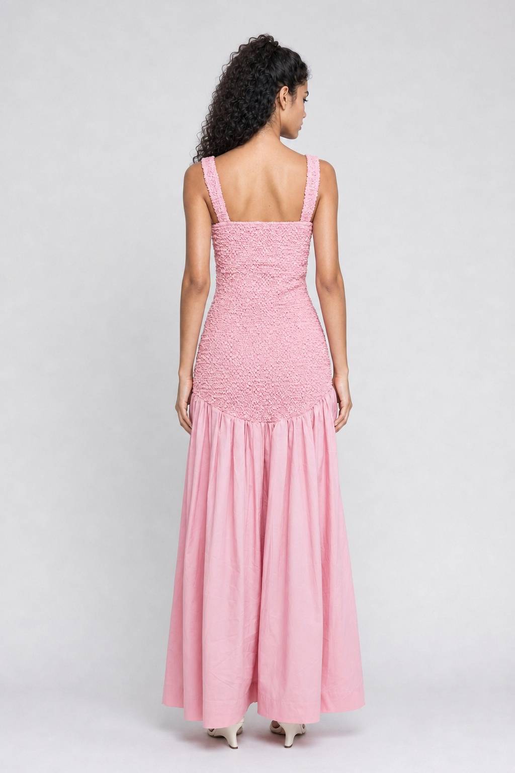 Pink Square Collar Bubble Texture Strap Tight Waist Swing Stitching Long Dress