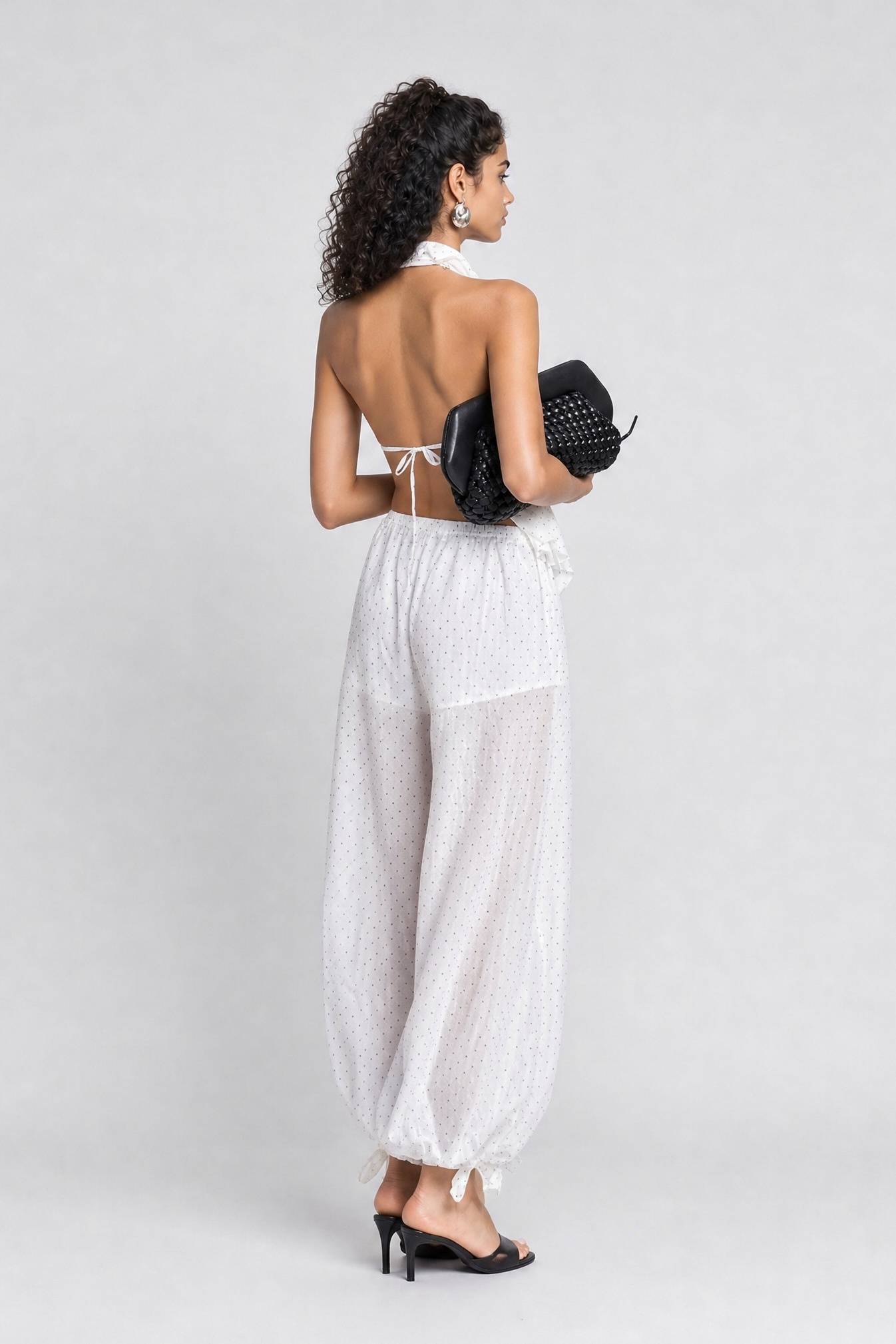 White Polka Dot Halter Neck Two-Piece Set - Backless Cami Top & Balloon Pants Boho Chic Summer Outfit For Beach, Party & Vacation