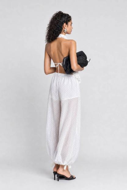 White Polka Dot Halter Neck Two-Piece Set - Backless Cami Top & Balloon Pants Boho Chic Summer Outfit For Beach, Party & Vacation