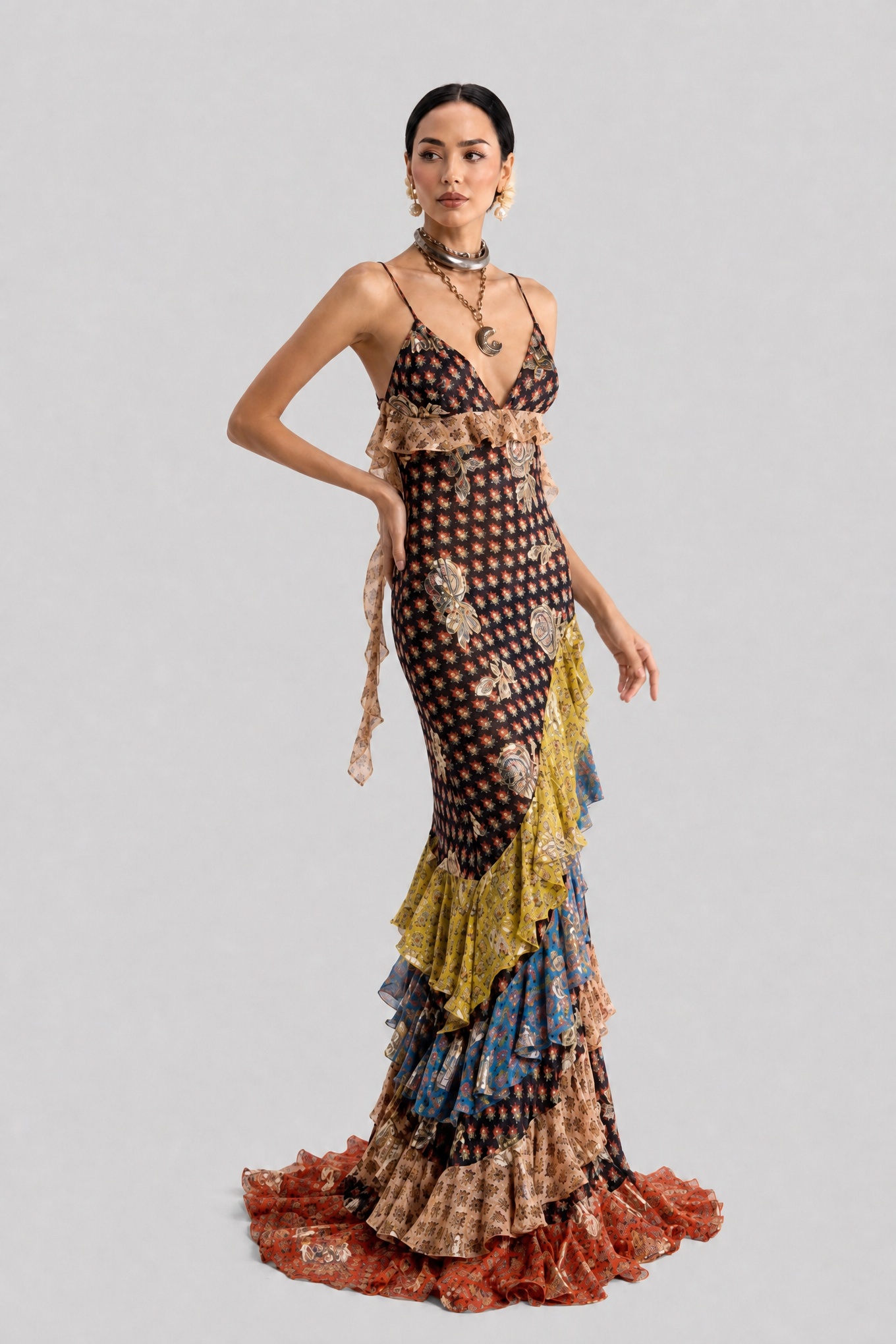 Vintage Contrast Printed V-Neck Fine Strap Irregular Lotus Leaf Fishtail Dress