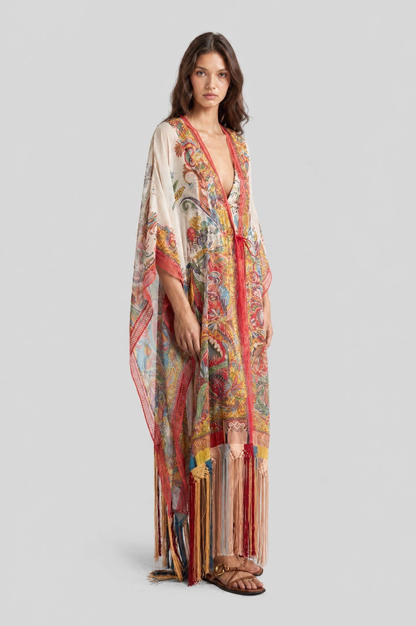 Vintage Ethnic Print Lace-Up Tassel Split Beach Blouse Robe