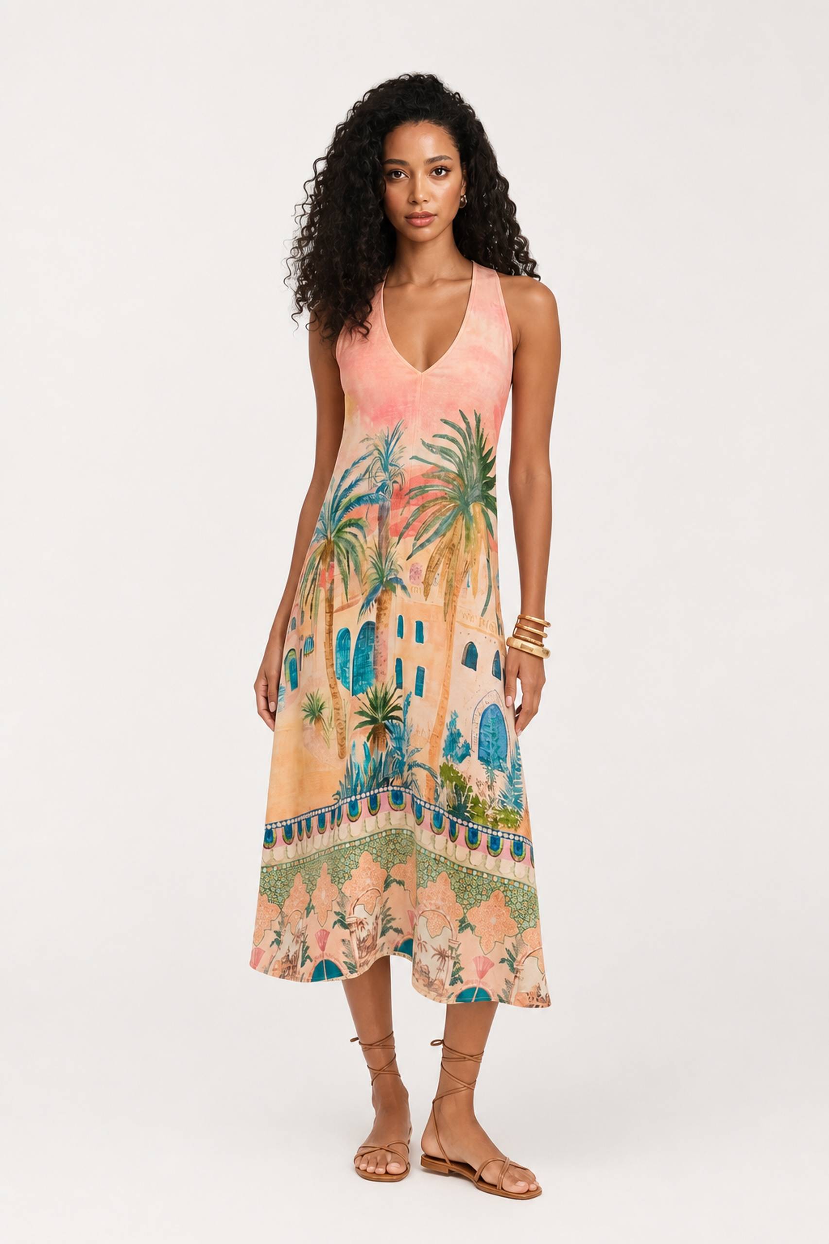 Holiday Palm Architectural Print V-Neck Sleeveless Midi Dress