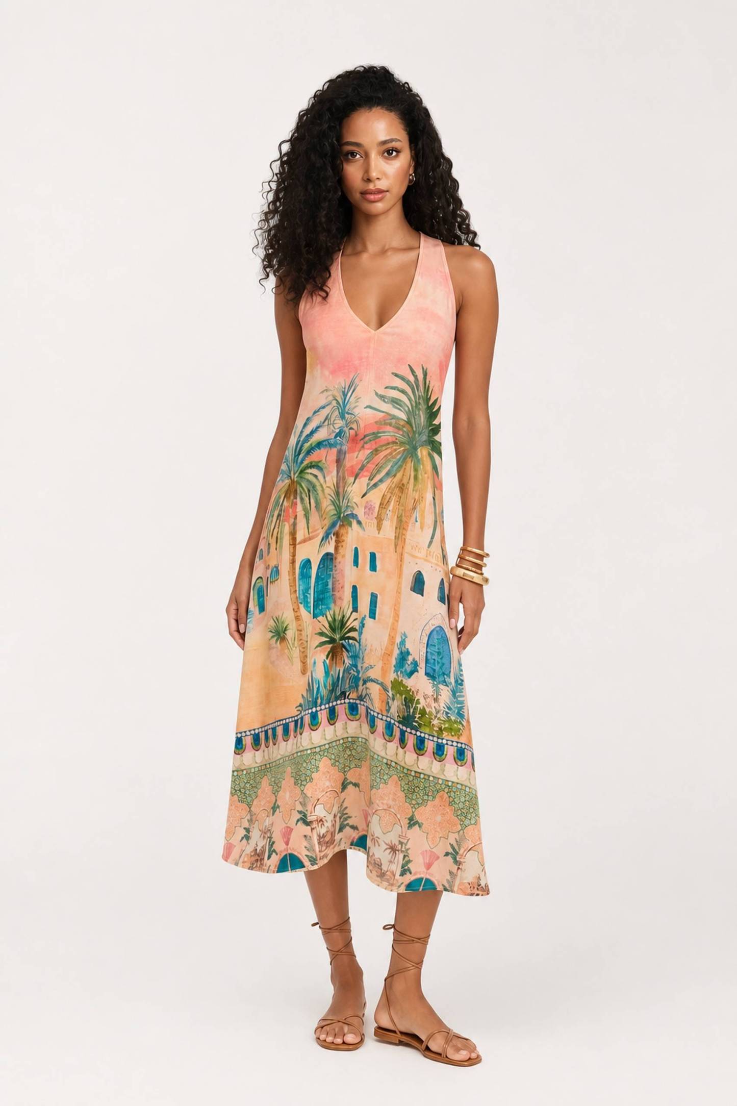 Holiday Palm Architectural Print V-Neck Sleeveless Midi Dress