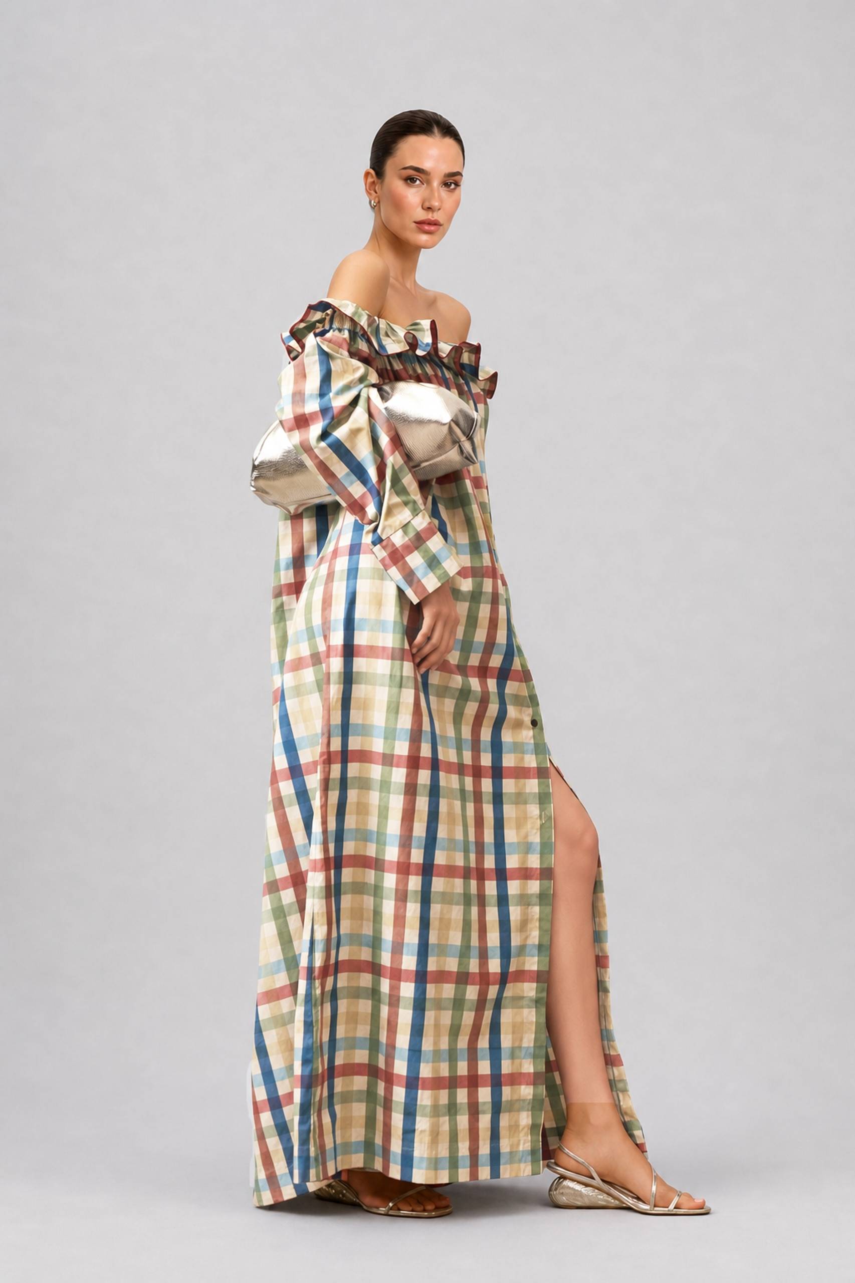 Colorful Plaid Wooden Ear Off-shoulder Long Sleeve Breasted Loose Long Shirt Dress