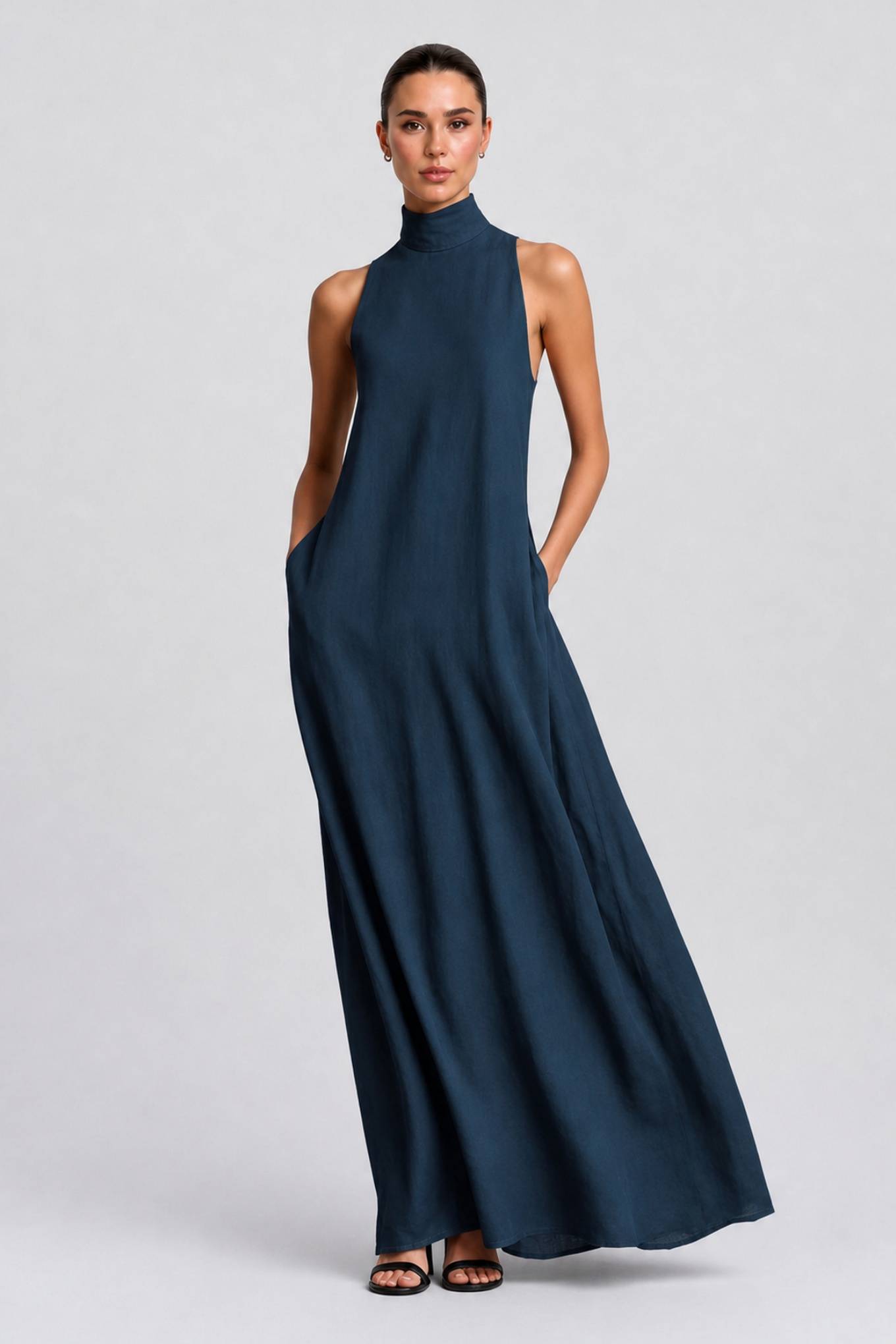 Linen-blend Turtleneck Long Dress Classic Minimalist Casual Dress