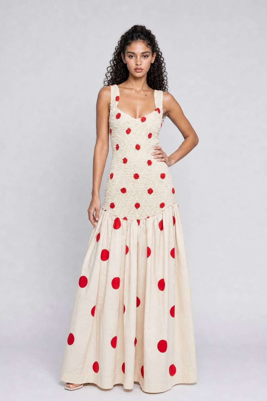Beige Texture Wide Shoulder Strap Red Wave Dot Stitching Waist Large Swing Long Dress