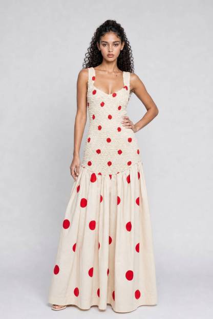 Beige Texture Wide Shoulder Strap Red Wave Dot Stitching Waist Large Swing Long Dress