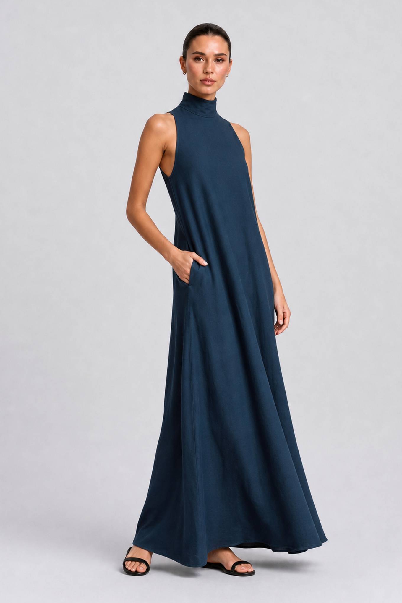 Linen-blend Turtleneck Long Dress Classic Minimalist Casual Dress