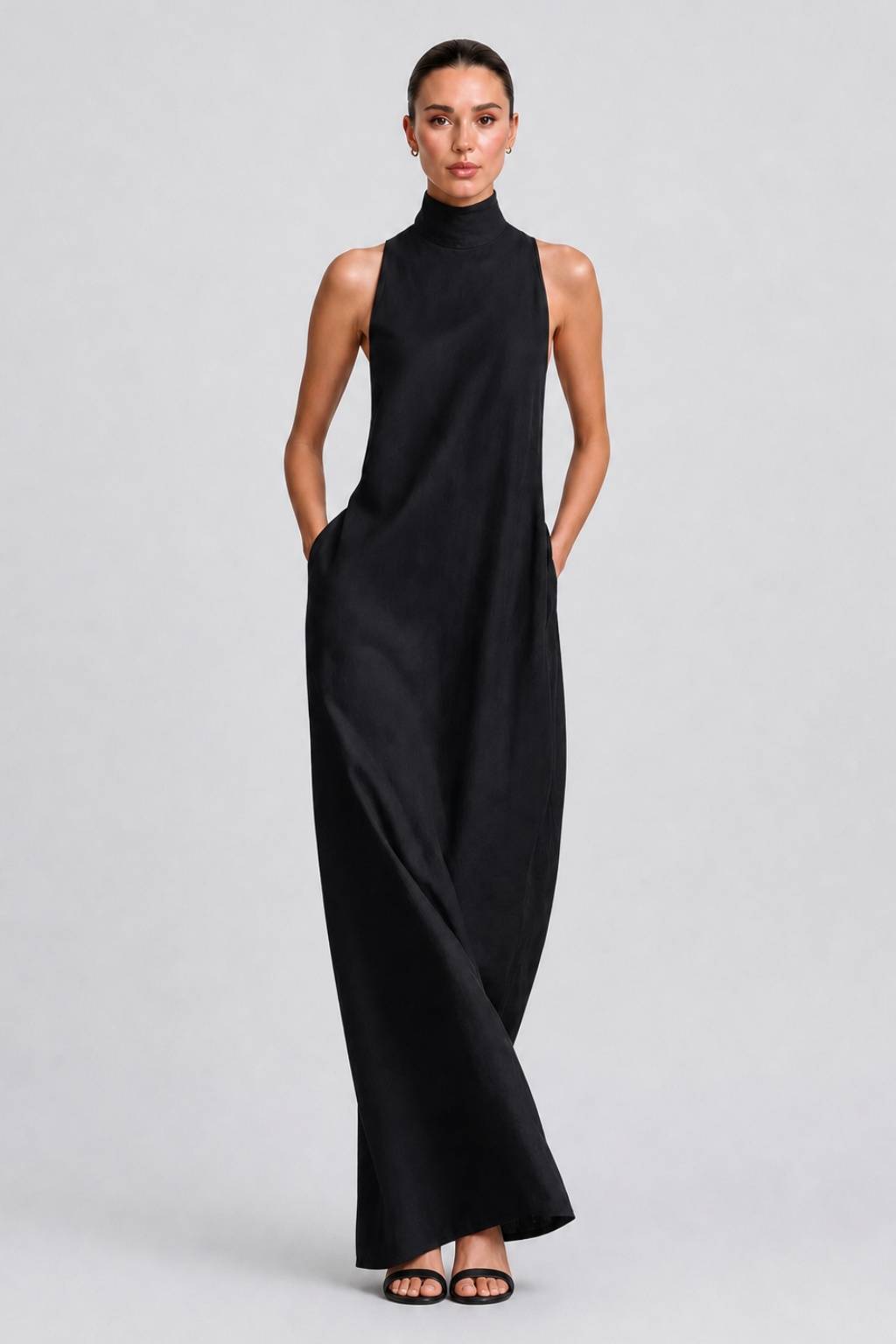 Linen-blend Turtleneck Long Dress Classic Minimalist Casual Dress