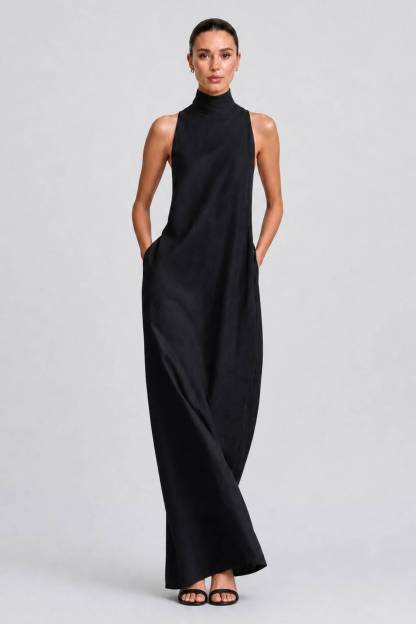 Linen-blend Turtleneck Long Dress Classic Minimalist Casual Dress