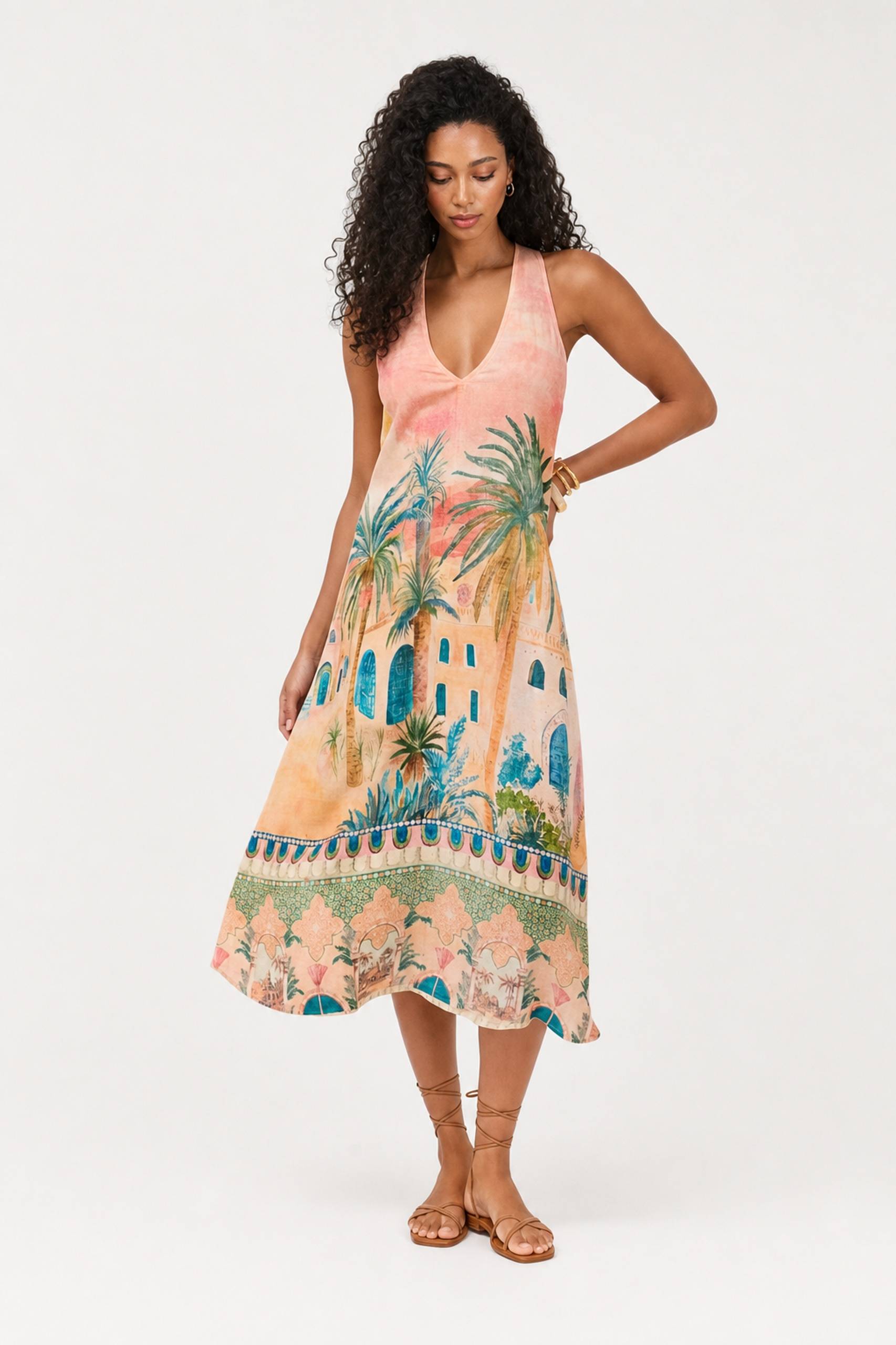 Holiday Palm Architectural Print V-Neck Sleeveless Midi Dress
