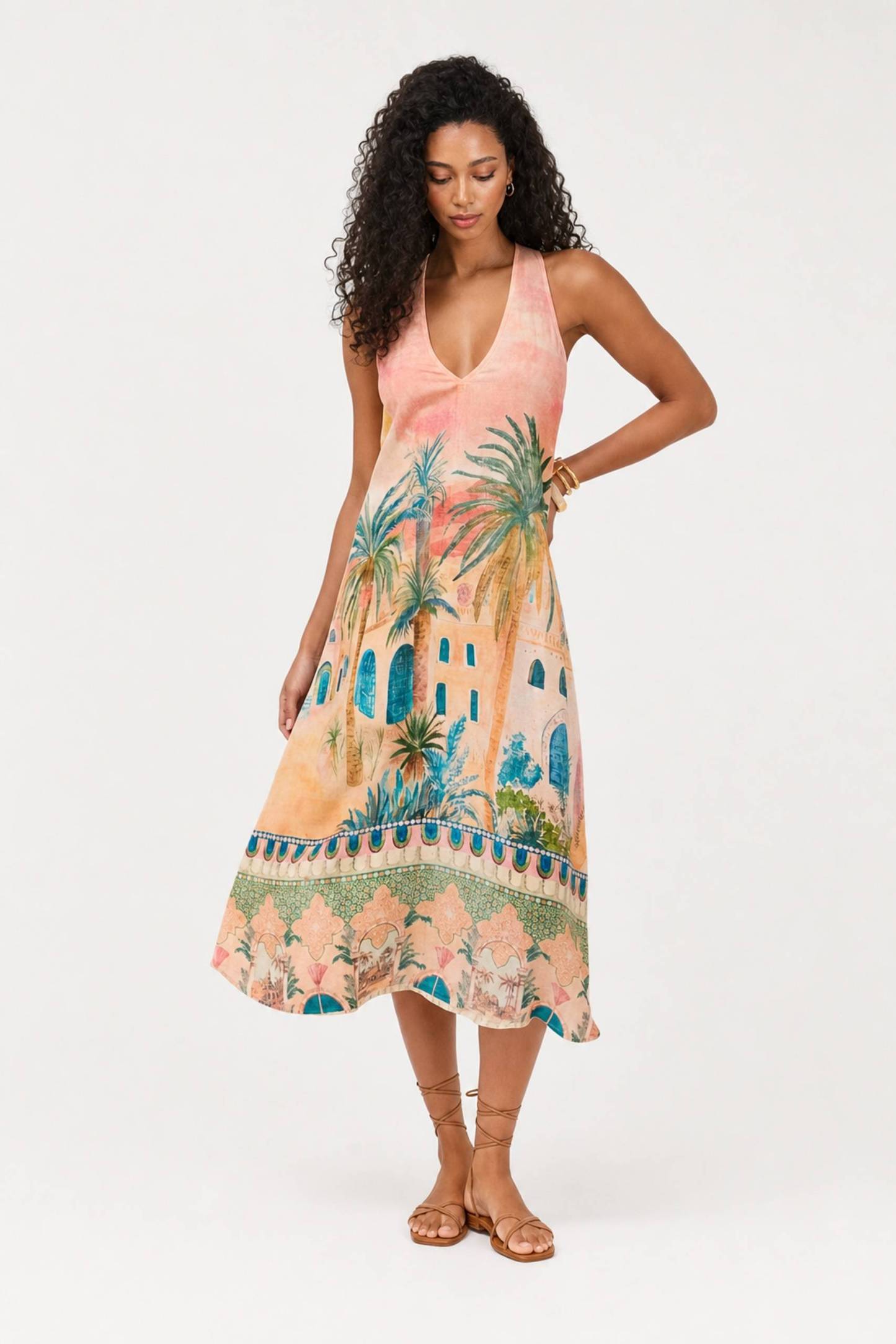 Holiday Palm Architectural Print V-Neck Sleeveless Midi Dress