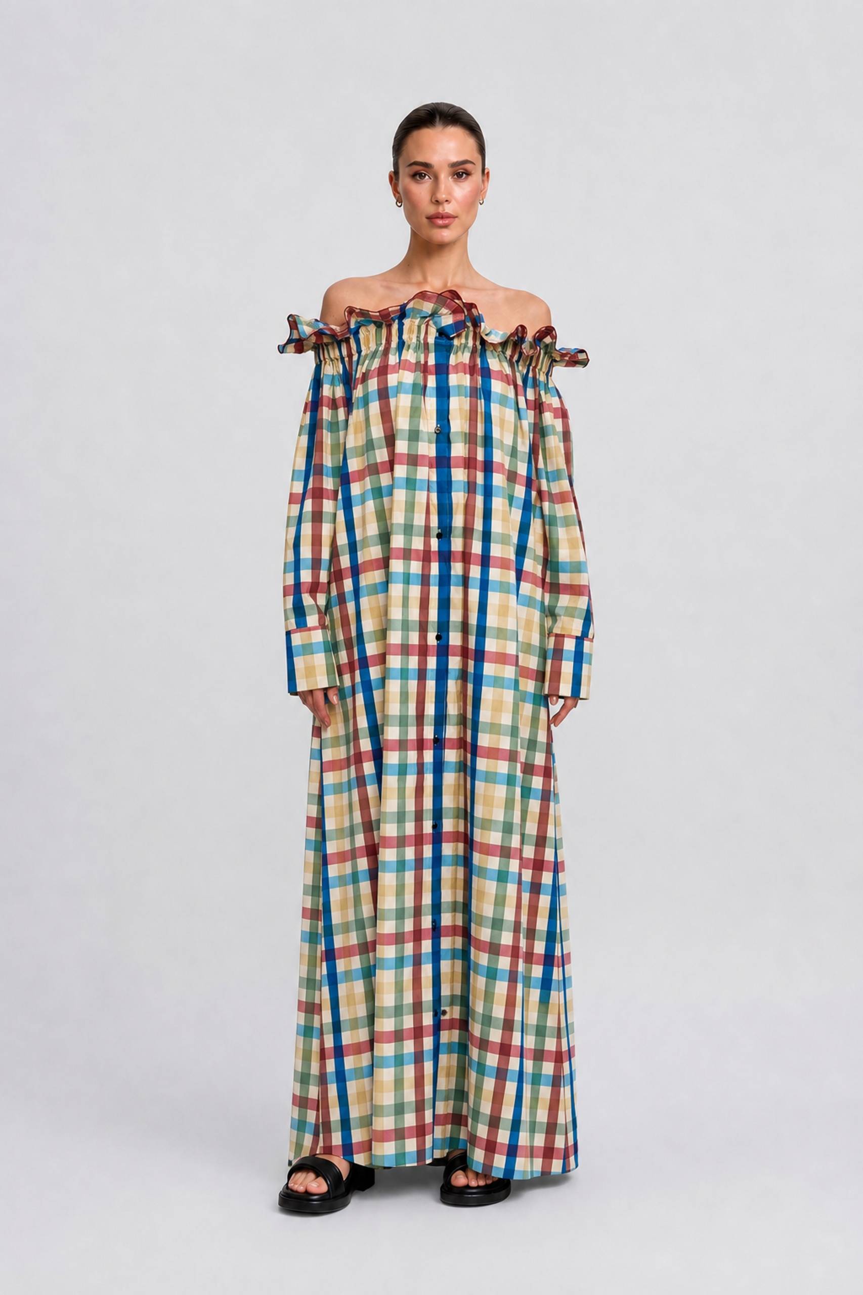 Colorful Plaid Wooden Ear Off-shoulder Long Sleeve Breasted Loose Long Shirt Dress