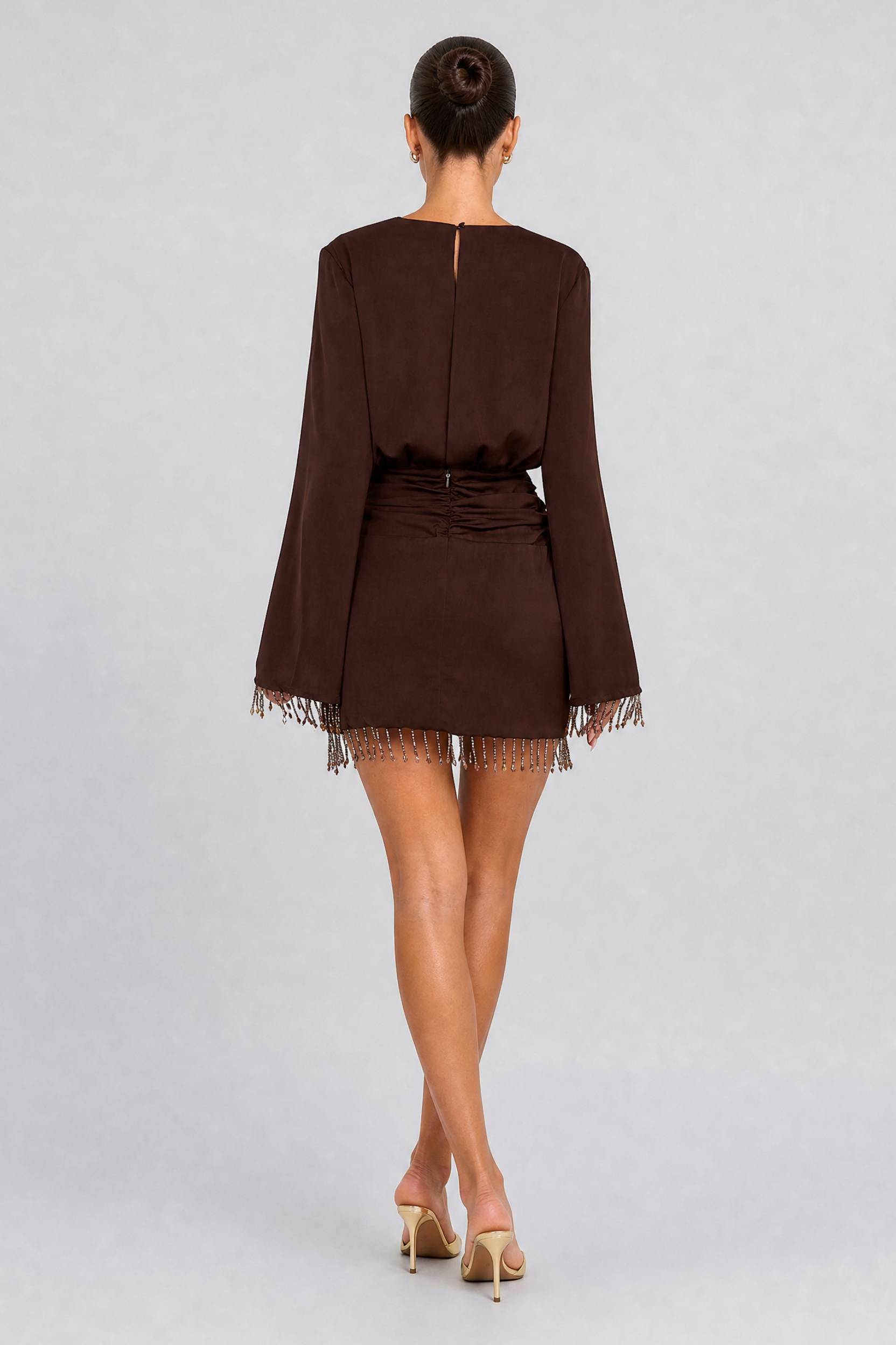 Deep V Satin Long Sleeve Short Dress