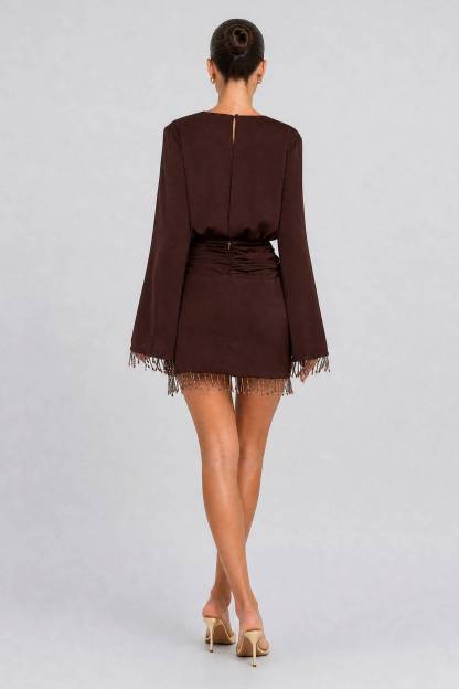 Deep V Satin Long Sleeve Short Dress