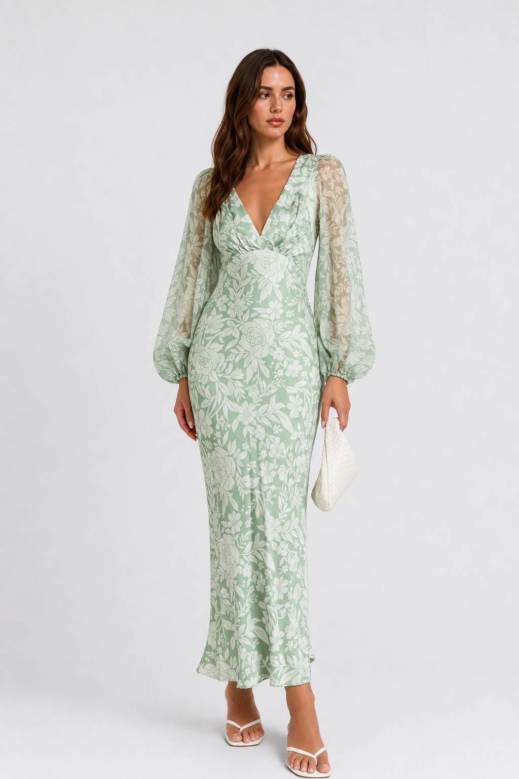 V-Neck Bubble-Sleeve Lightweight Satin Floral Dress