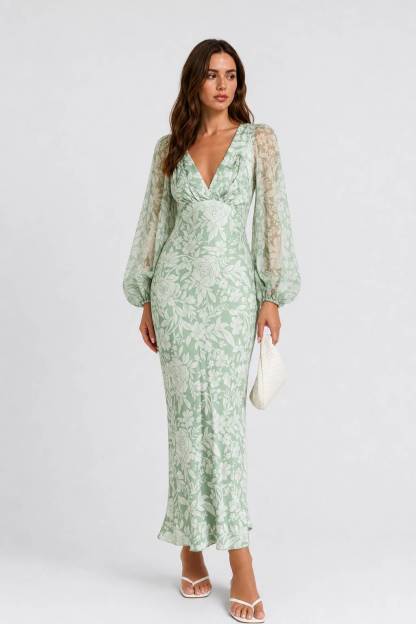 V-Neck Bubble-Sleeve Lightweight Satin Floral Dress