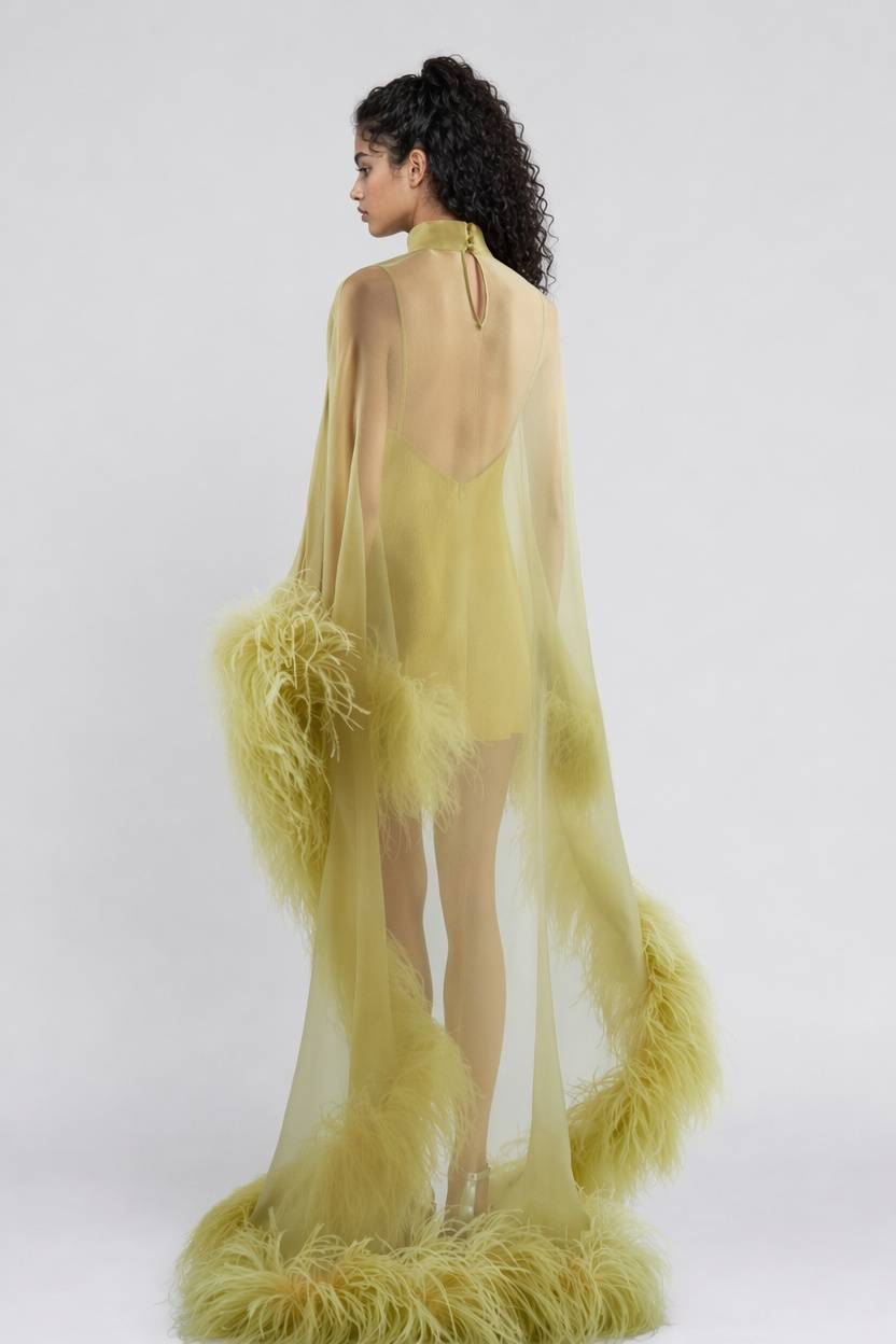 Chartreuse Feather-Trimmed Sheer Cape Gown - High-Fashion Evening Dress With Open Back