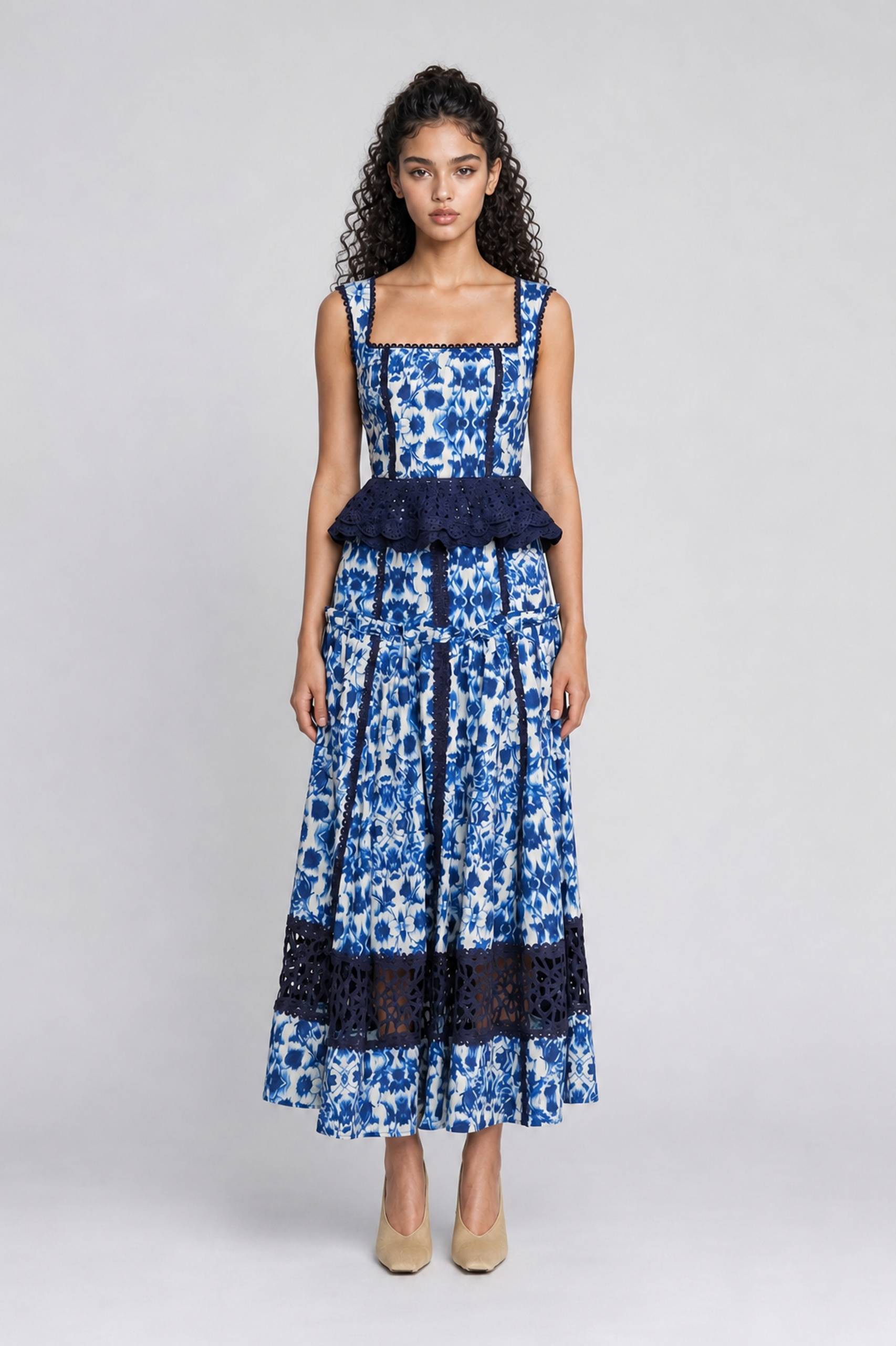 Blue Floral Print Sleeveless Maxi Dress With Waist Tie - Boho Chic Summer Gown