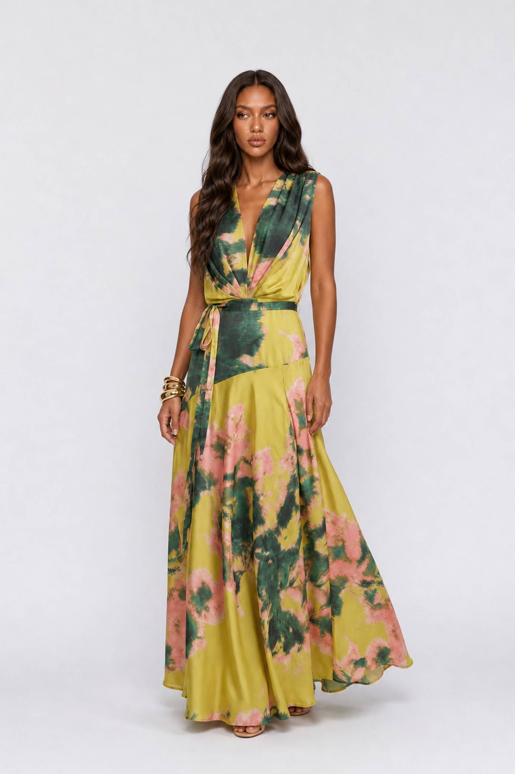 Tropical Floral Print V-Neck Maxi Dress With Side Slit - Boho Summer Gown