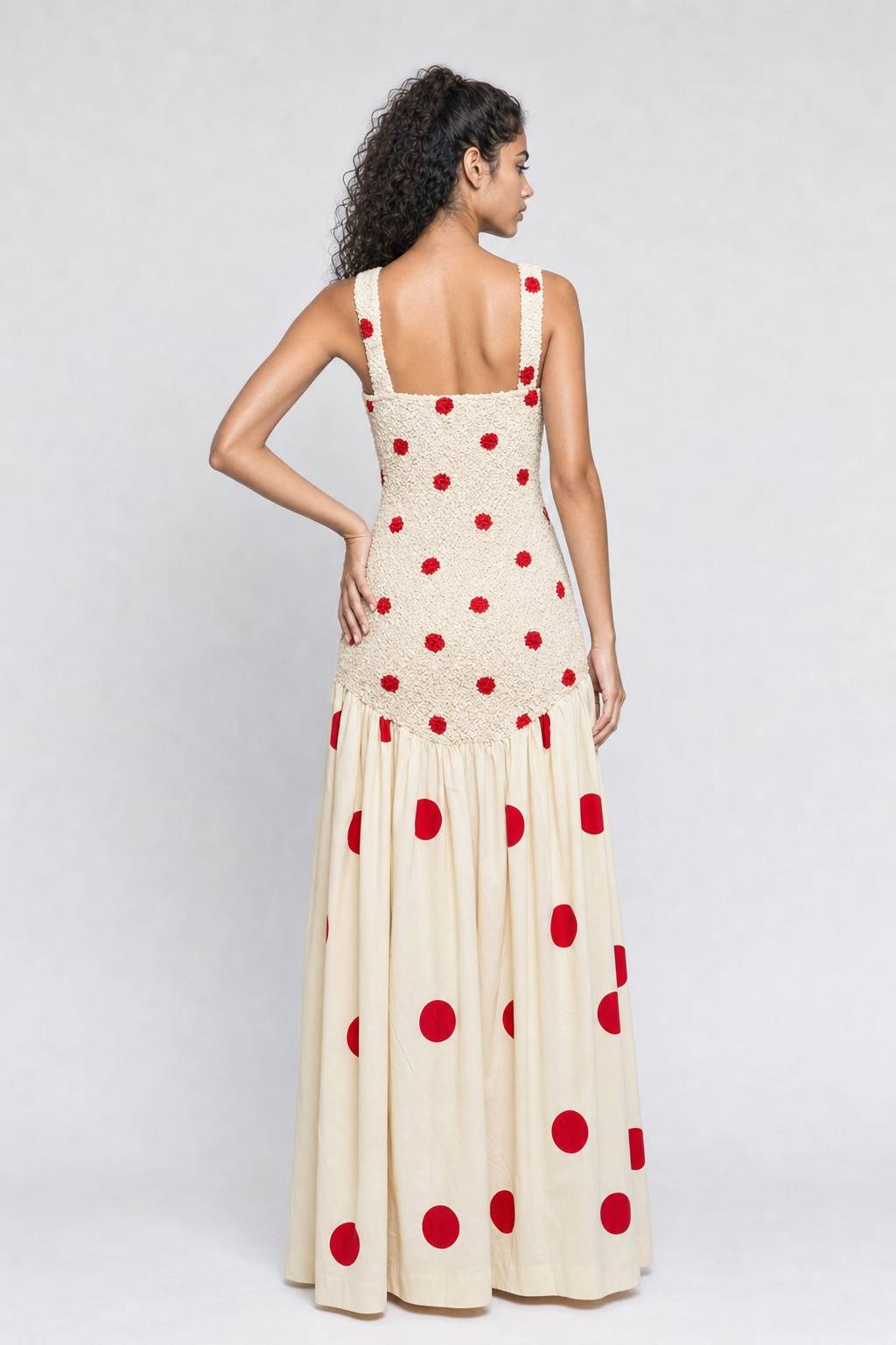 Beige Texture Wide Shoulder Strap Red Wave Dot Stitching Waist Large Swing Long Dress