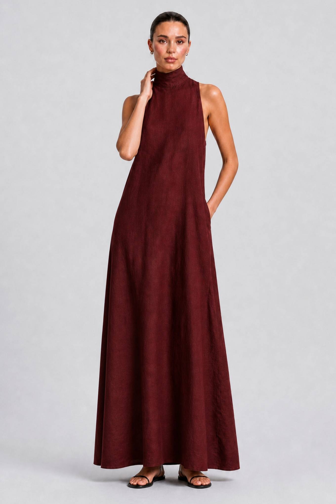 Linen-blend Turtleneck Long Dress Classic Minimalist Casual Dress