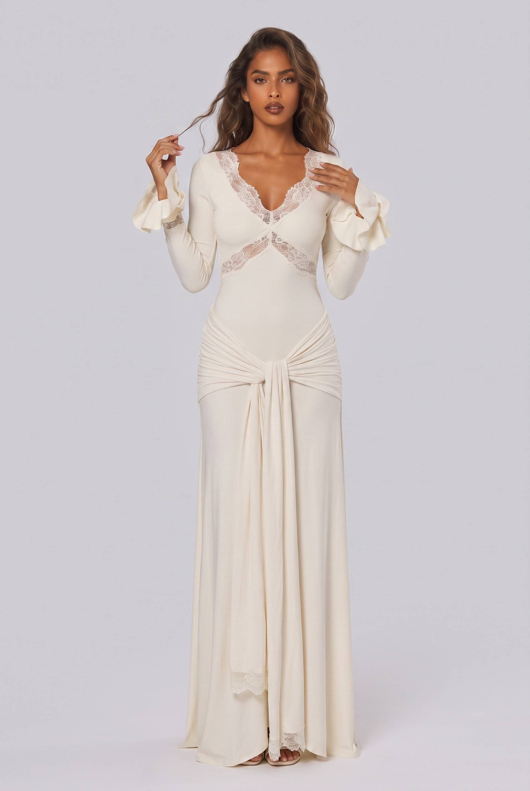 Tight Waist Lace Trim Horn Sleeve Long Dress