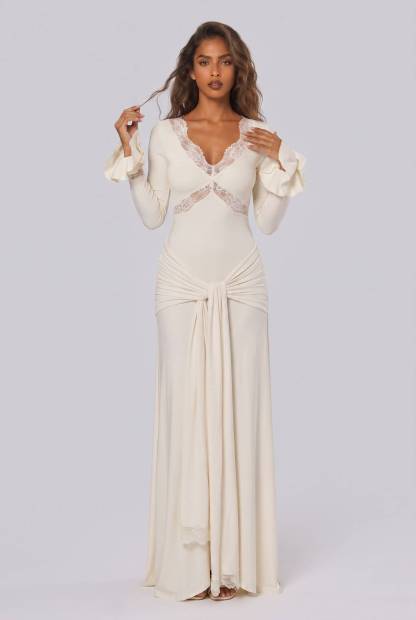 Tight Waist Lace Trim Horn Sleeve Long Dress