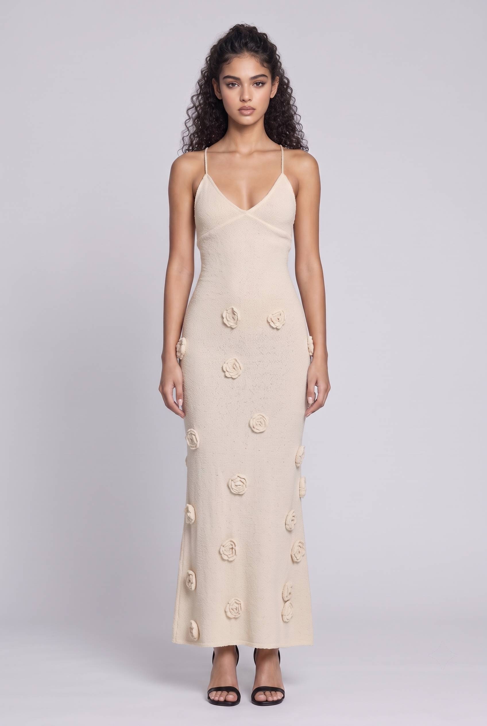 Knit Flower Strap Maxi Dress