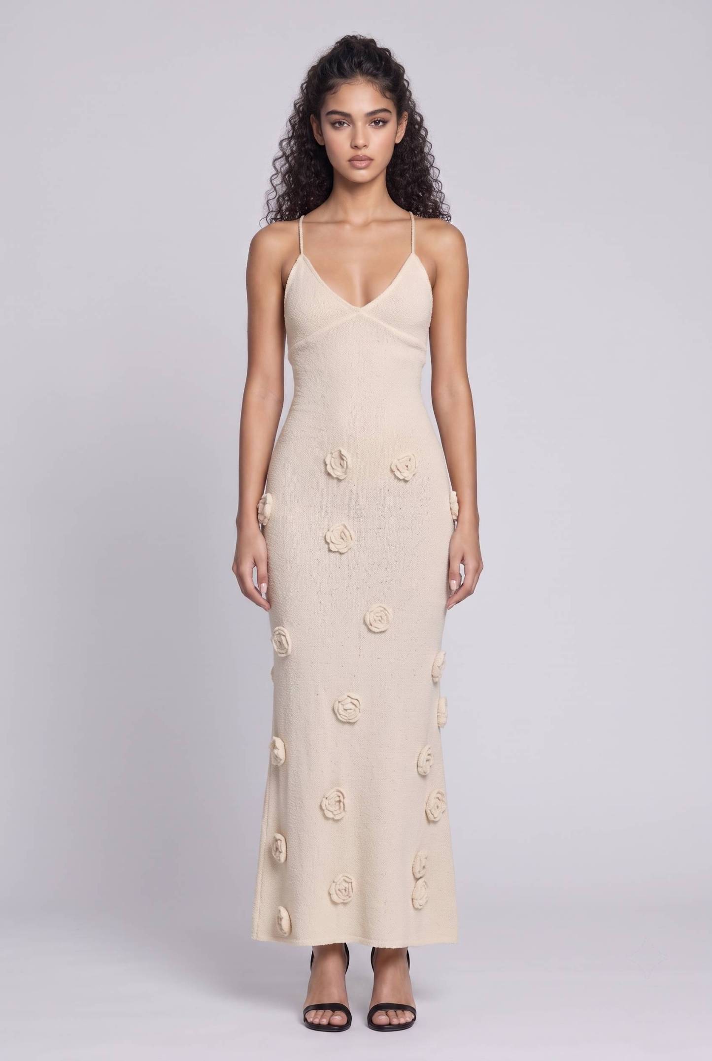 Knit Flower Strap Maxi Dress