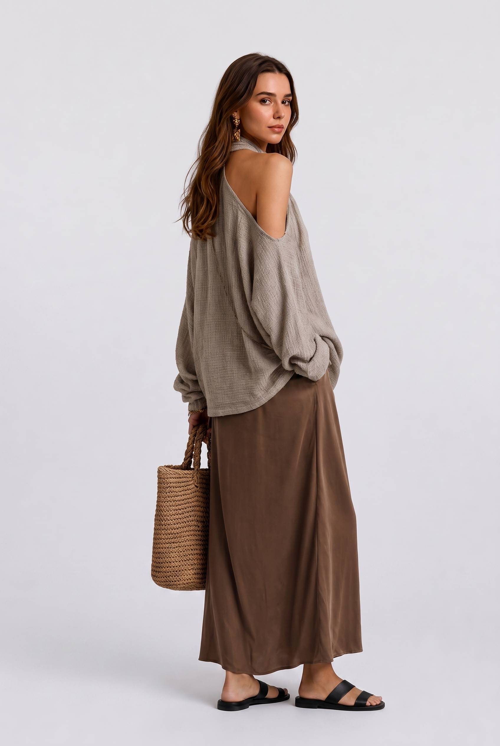 Texture Open-Shoulder Long-Sleeved Top High-Waist Bright Satin Skirt Set