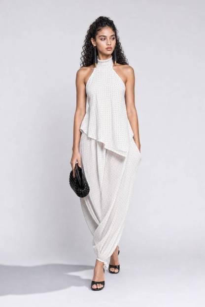 White Polka Dot Halter Neck Two-Piece Set - Backless Cami Top & Balloon Pants Boho Chic Summer Outfit For Beach, Party & Vacation