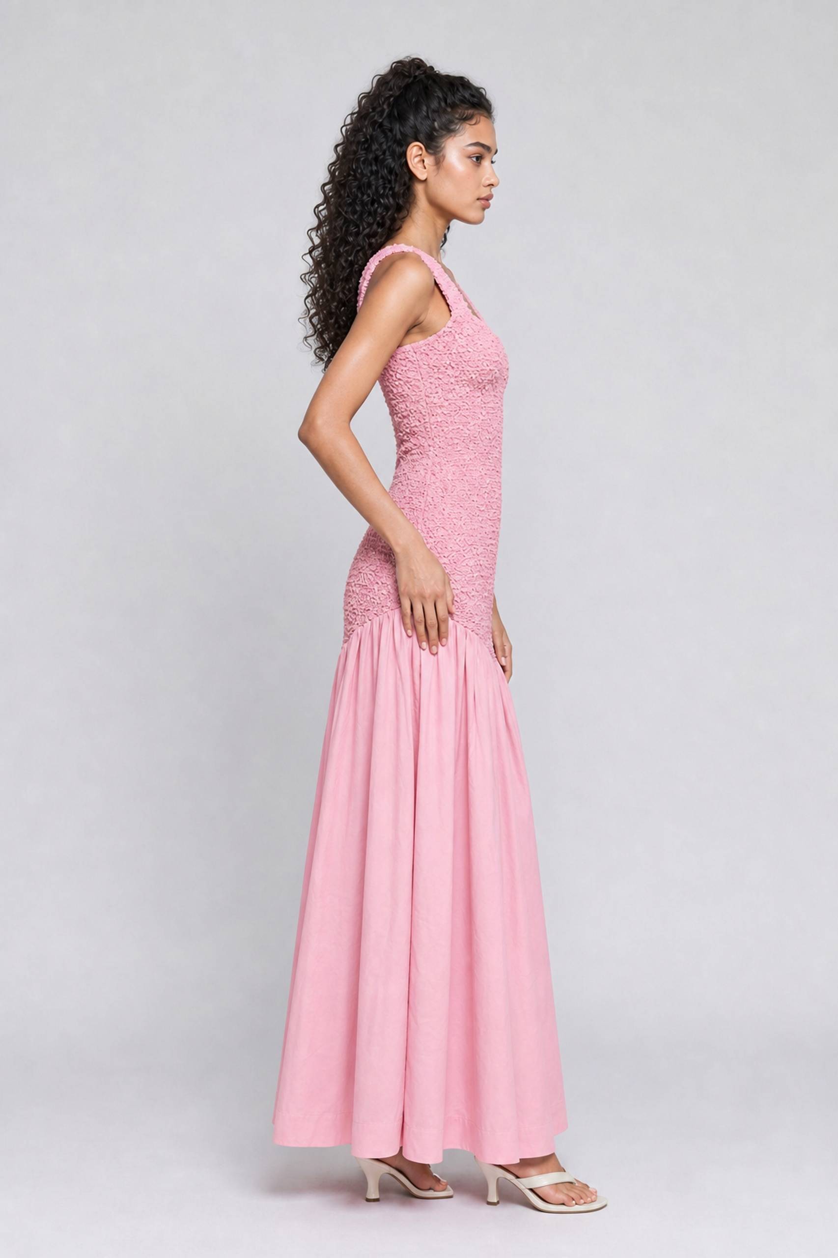 Pink Square Collar Bubble Texture Strap Tight Waist Swing Stitching Long Dress