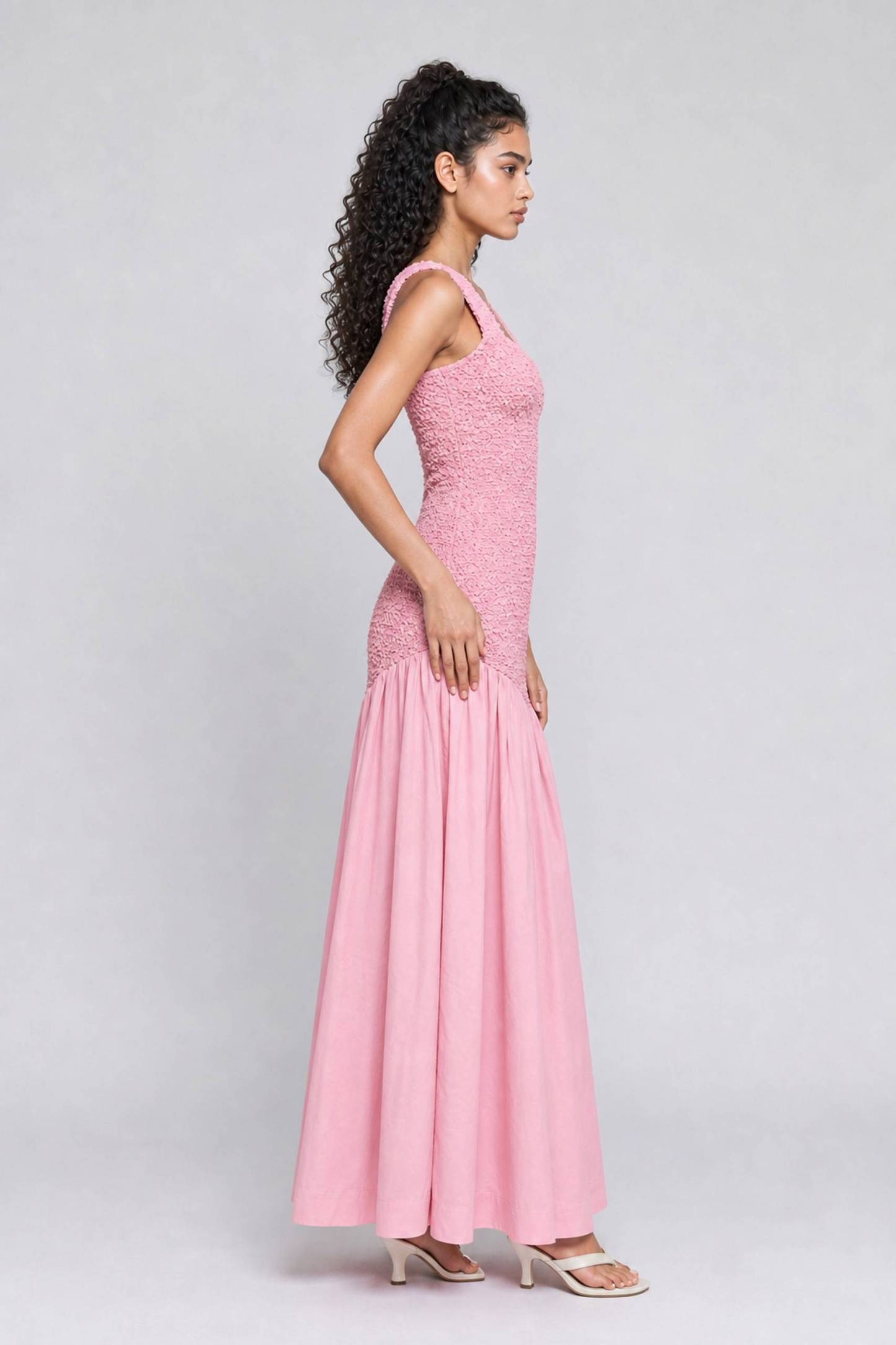 Pink Square Collar Bubble Texture Strap Tight Waist Swing Stitching Long Dress