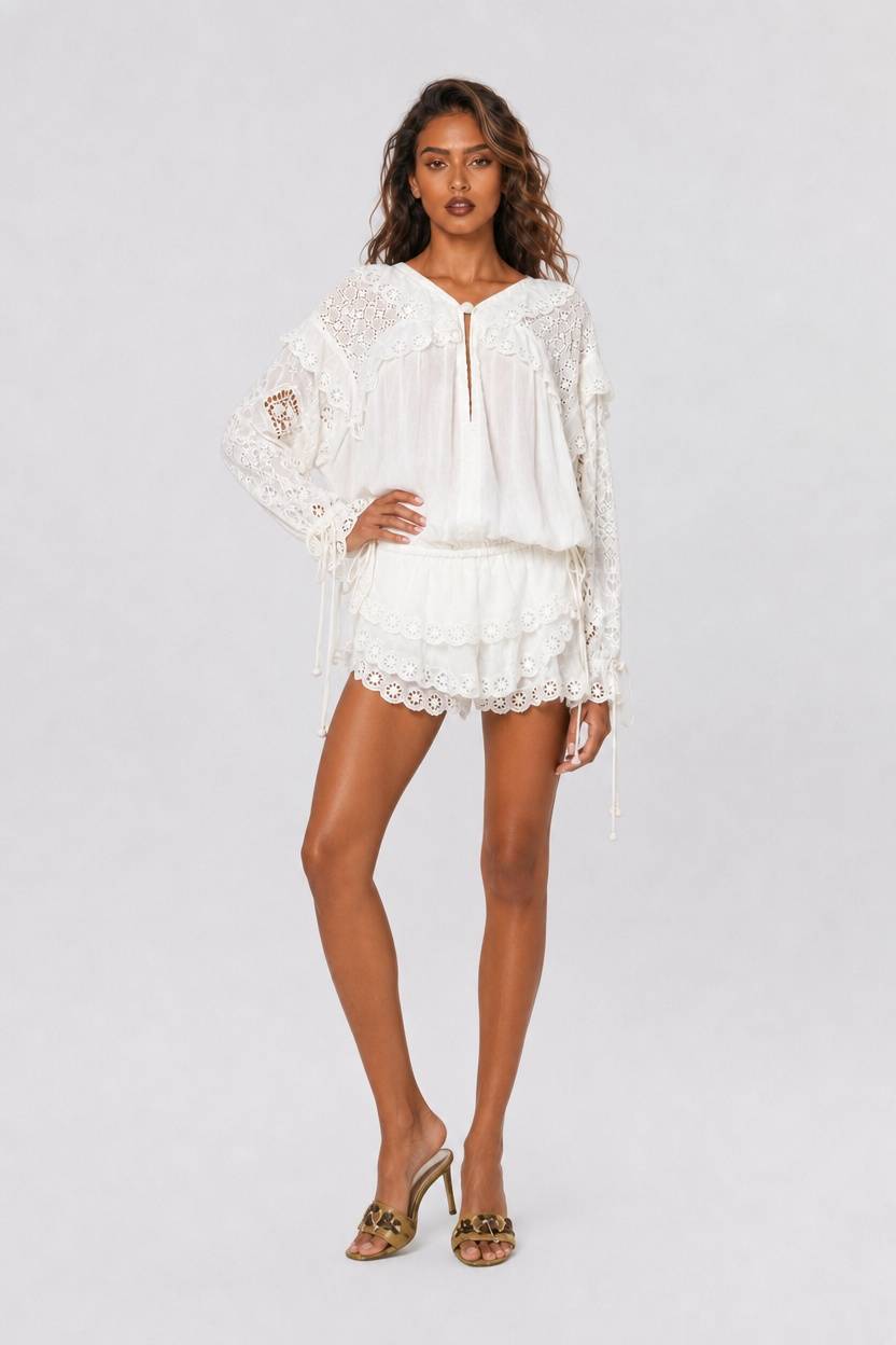 Bohemian Holiday Ruffled Long Sleeve Cutout Top Shorts Set