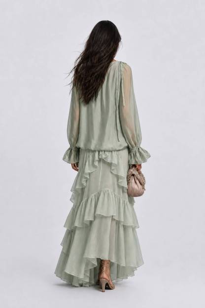 Perspective Chiffon Lace-Up Long-Sleeve Top Multi-Layer Ruffled Long Skirt Holiday Suit