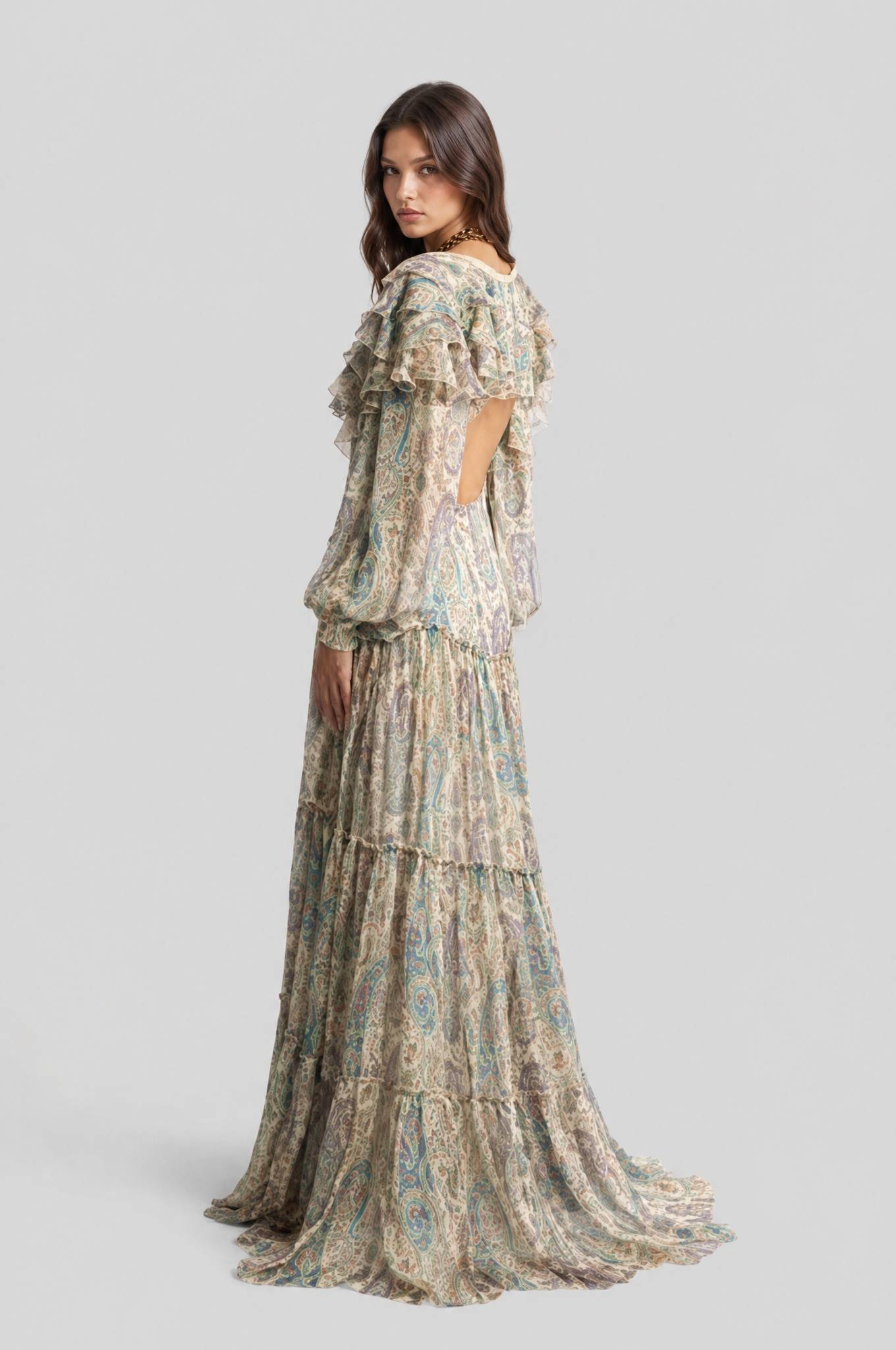 Light Color Cashew Flower V-Neck Ruffled Layered Long-Sleeved Long Dress