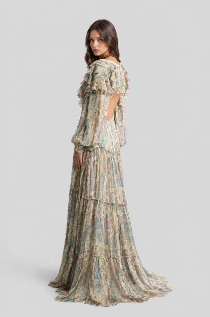 Light Color Cashew Flower V-Neck Ruffled Layered Long-Sleeved Long Dress
