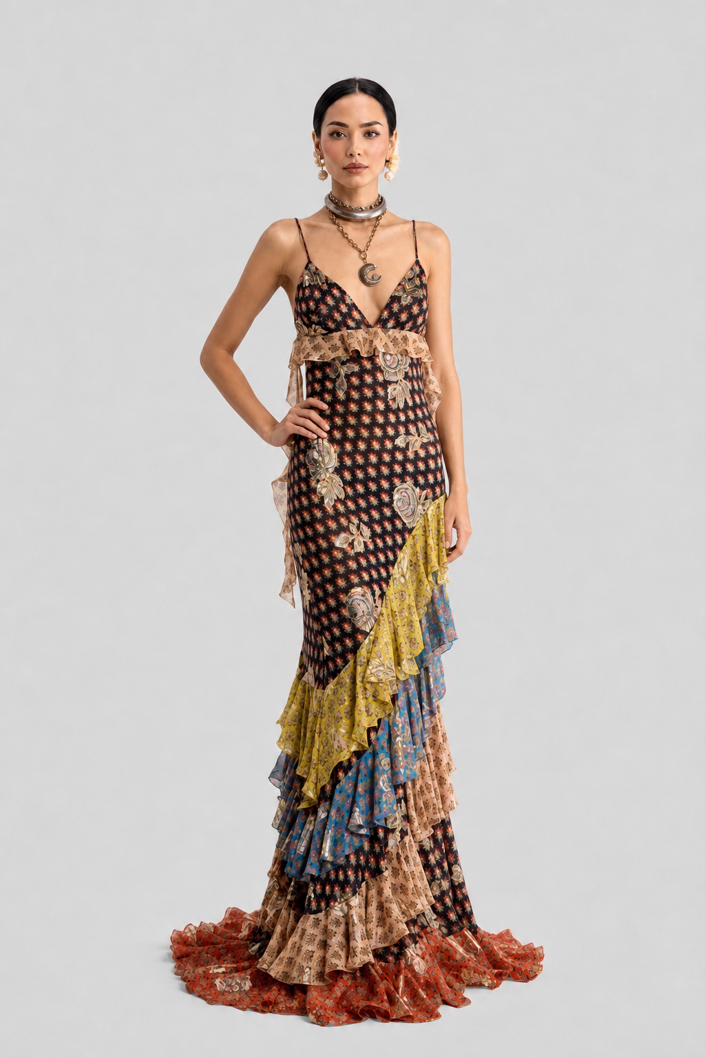 Vintage Contrast Printed V-Neck Fine Strap Irregular Lotus Leaf Fishtail Dress